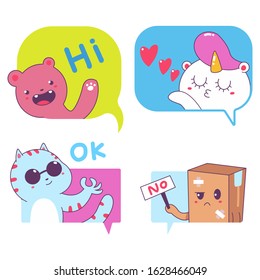Cute messages bubbles with funny characters vector stickers set isolated on a white background.