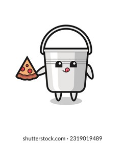 cute metal bucket cartoon eating pizza , cute style design for t shirt, sticker, logo element