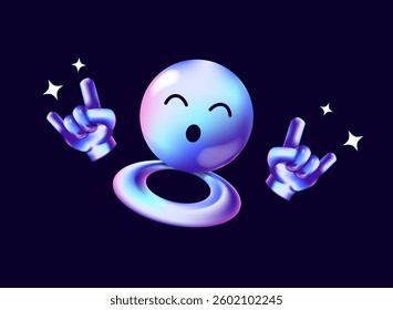 cute metal rock emoji with hand gesture vector illustration with hologram light vibrant glossy style