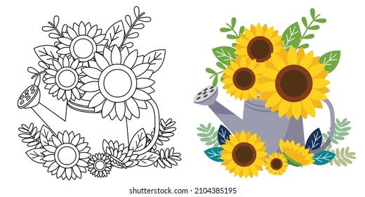 Cute Metal vintage watering can. Gardening equipment. Sunflower and garden care in flat vector abd outline style. For stickers, gliders, textile design.