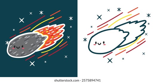 A cute meteor and asteroid cartoon illustration for a sticker, design element, or coloring book element