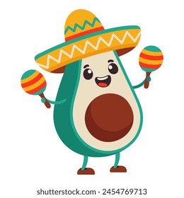 Cute Mexican avocado in a sombrero and with maracas on a white background