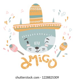 Cute mexican baby cat. Hand drawn vector illustration. For kid's or baby's shirt design, fashion print design, graphic, t-shirt,kids wear. Amigo.