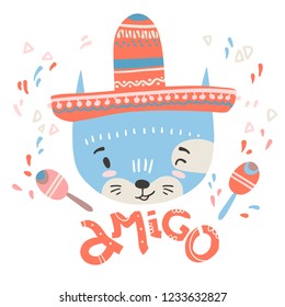 Cute mexican baby cat. Hand drawn vector illustration. For kid's or baby's shirt design, fashion print design, graphic, t-shirt,kids wear. Amigo.