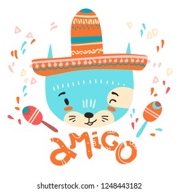 Cute mexican baby cat. Hand drawn vector illustration. For kid's or baby's shirt design, fashion print design, graphic, t-shirt,kids wear. Amigo.