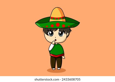 Cute Mexican Boy with Sombrero Hat Cartoon Illustration