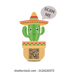 Cute Mexican cactus wearing sombrero hat with lettering scan me QR code template background.