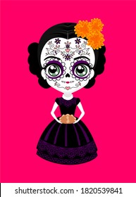 cute mexican catrina doll with traditional sugar skull make up for dia de muertos celebration and cempasuchil flowers (aztec marigold). holding a traditional pan de muerto (bread of the dead)