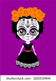 cute mexican catrina doll with traditional sugar skull make up for dia de muertos celebration and cempasuchil flowers (aztec marigold). isolated on purple background