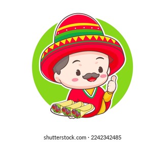 Cute Mexican chef with sombrero hat cartoon character. Burrito icon logo illustration. Mexican traditional street food. 