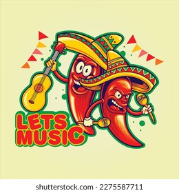 Cute mexican chilli pepper lets joint music cinco de mayo logo illustrations vector for your work logo  merchandise t  shirt  stickers   label designs  poster  greeting cards advertising business 
