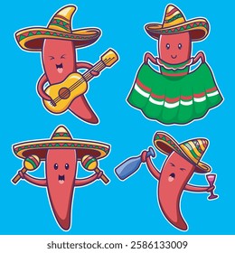 Cute mexican cinco de mayo chilli pepper set vector. Merchandise t-shirt, stickers and label designs, poster, greeting cards advertising business company.