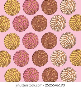 Cute Mexican Concha bread, pan tradicional mexicano, patrón de Ilustración vectorial, moda, tela, textil, Fondo de pantalla, cubierta, Web, envoltura