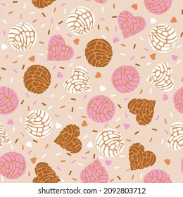 Cute Mexican cookies Concha ,Traditional Mexican Bread,seamless pattern Vector Illustration, Design for Valentines ,fashion , fabric, textile, wallpaper, cover, web , wrapping and all prints 
