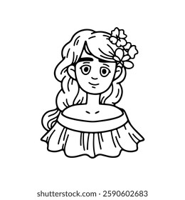 Cute Mexican doodle girl with long hair and flower. Mexican tradition festival. Mexican culture symbols. Perfect for coloring books. Vector outline illustration.