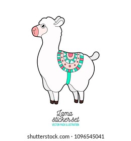 Cute mexican dressed llama . Llama isolated vector icon. Fantasy alpaca lama sticker, patch badge.