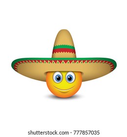 Cute Mexican emoticon wearing sombrero hat - emoji, smiley - vector illustration