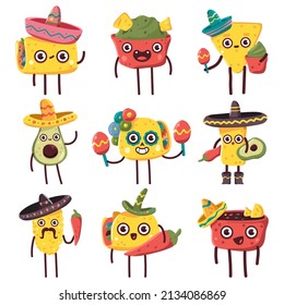 Cute mexican food characters vector cartoon set isolated on a white background.