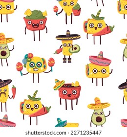 Cute mexican food characters vector cartoon seamless pattern background for wallpaper, wrapping, packing, and backdrop.