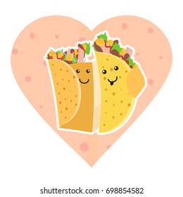 Cute mexican food smiling taco and burrito characters embracing each other on pink heart tortilla background. Cute fast food burritos and tacos love characters embrace each other for cafe, menu design
