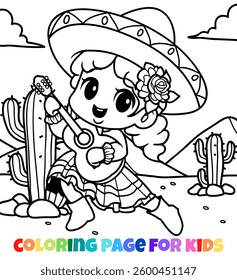 Cute Mexican girl playing guitar coloring page outline illustration