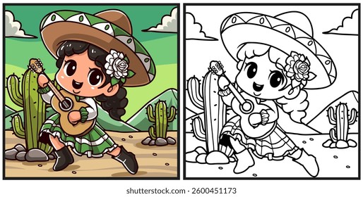 Cute Mexican girl playing guitar coloring page illustration