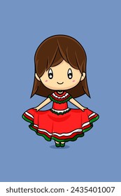 Linda chica mexicana con vestido rojo ilustración de dibujos animados