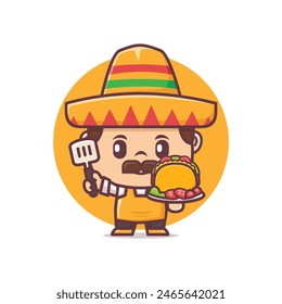 cute Mexican man with taco, vector illustration for culinary industry, cartoon logo, sticker, icon.