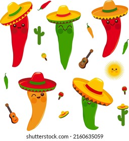 Cute Mexican mariachi chili pepper characters with sombreros. Vector illustration.