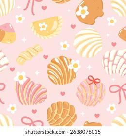 Cute Mexican Pan Dulce Seamless Pattern, Kawaii Sweet Bread Background, Pastel Bakery Concha Digital Paper