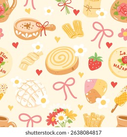 Cute Mexican Pan Dulce Seamless Pattern, Kawaii Sweet Bread Background, Pastel Bakery Concha Digital Paper
