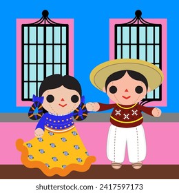 cute mexican rag doll couple in front of typical town windows