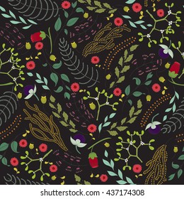Cute Mexican seamless flower pattern with retro mistletoe, belladonna and mimosa