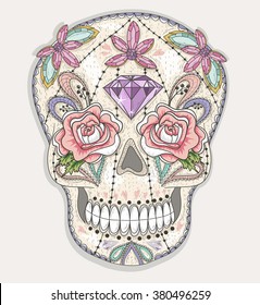 Cute Mexican Skull. Colorful Skull With Flower, Gem, Hearts And Jewel Pattern. Sugar Skull.