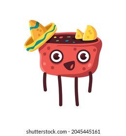 Cute mexican soup in sombrero vector cartoon food character isolated on a white background.