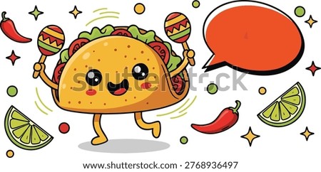 Cute mexican taco mascot character playing maracas with blank speech bubble vector graphic design