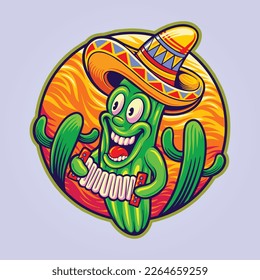 Cute mexico cinco de mayo cactus playing music akordeon illustrations vector illustrations for your work logo, merchandise t-shirt, stickers and label designs, poster, greeting cards advertising 