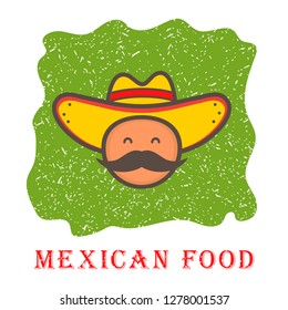 Cute mexico man face in national sombrero hat. logo template design. Mexican food. Vector illustration in flat style, cartoon character.