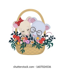 Cute mice around flowers in basket. Valentines Day iluustration. 