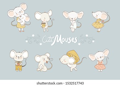 Cute mice character icons collection. Animal stickers doodle. Hand drawn cartoon design vector illustration.