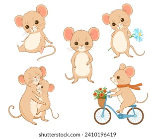 Juego de caracteres de ratones. Dibujo plano de dibujos animados aislado sobre fondo blanco. Graciosa colección de animales para bebés. Bicicleta de equitación con canasta. El bebé y la madre de las mascotas