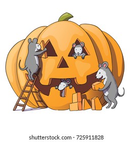 Cute mice characters prepare for Halloween. Sly gray mouse, rat. pumpkin.Isolated on white background. Vector illustration