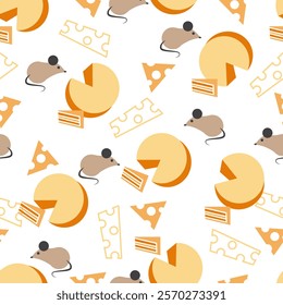 Cute Mice and Cheesy Blocks Bite Pattern Art. This seamless culinary-inspired pattern design is perfect for adding a touch of whimsy to kitchen textiles, children clothing