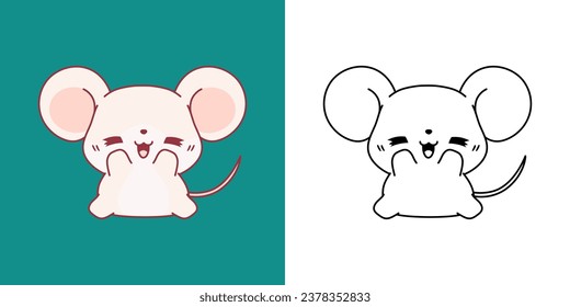 Cute Mice Clipart Illustration and Black and White. Kawaii Clip Art Mice. Cute Vector Illustration of a Kawaii Pet for Stickers, Prints for Clothes, Baby Shower. 