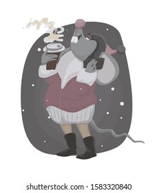 cute mice with coffee in winter clothes talking on the phone funny vector illustration
