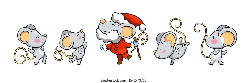 Cute mice dancing around Santa Claus mouse. 2020 year cartoon vector illustration on white background. Lunar New Year symbolic animal. Chinese year of rat. Friendly mouse set isolated. New Year banner