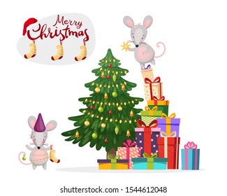 Cute mice decorate the Christmas tree. Christmas concept for banner, greetings, flyer. New Year card isolated on a white background. Baby stock vector.