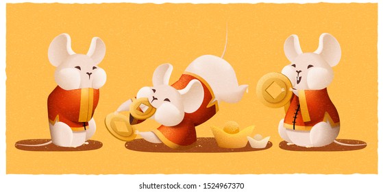 Cute mice holding gold coin on chrome yellow for lunar year design
