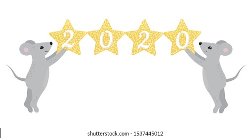 Cute mice holding stars with numbers. The Concept Of A New Year 2020. Vector illustration.