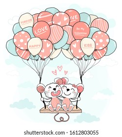 cute mice lover couple hug and sit on colourful pastel balloon swing on blue sky, cute flat vector character cartoon animal design for greeting card, childhood stuff printing